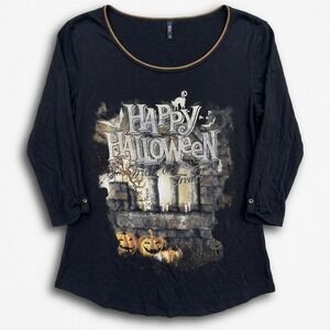 Edista Happy Halloween Graphic Top Black 3/4 Sleeve Y2K Petite XL Trick or Treat
